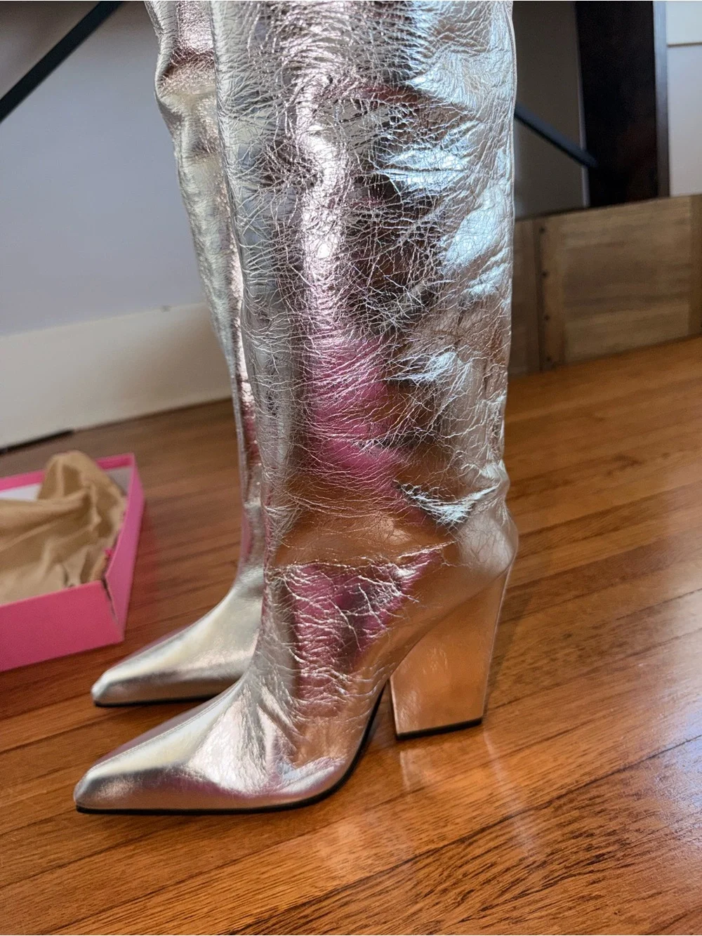 Paris Texas Jane Silver Over-the-Knee Crinkled Leather Metallic Boots New In Box